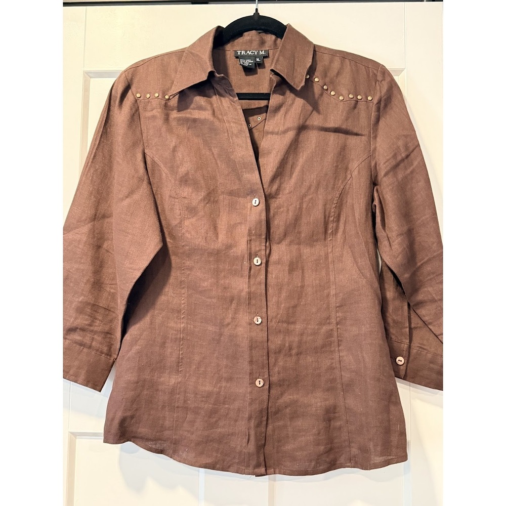 NWT Tracy M. Western-Style Brown Linen Button-Front Shirt Ladies Sz XL